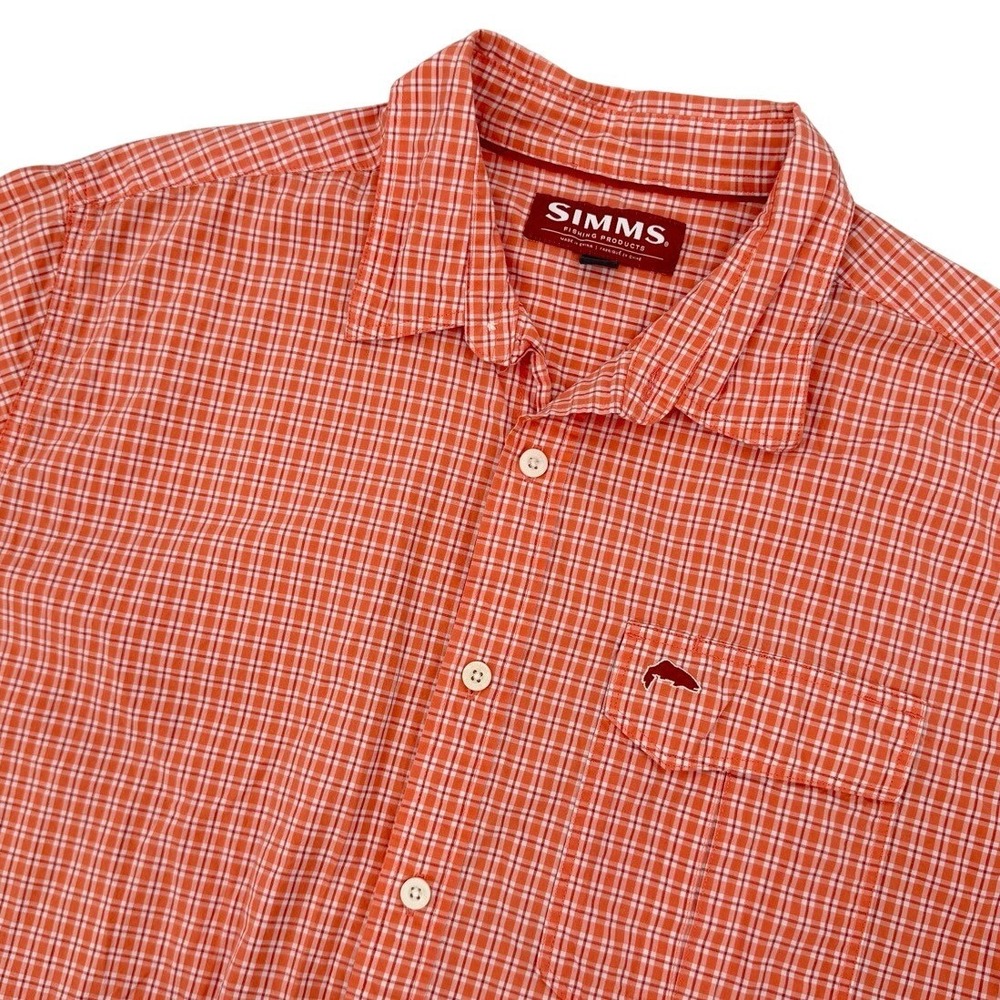 Simms Mens XL Short Sleeve Button Down Shirt Fishing Orange Plaid Gorpcore‎